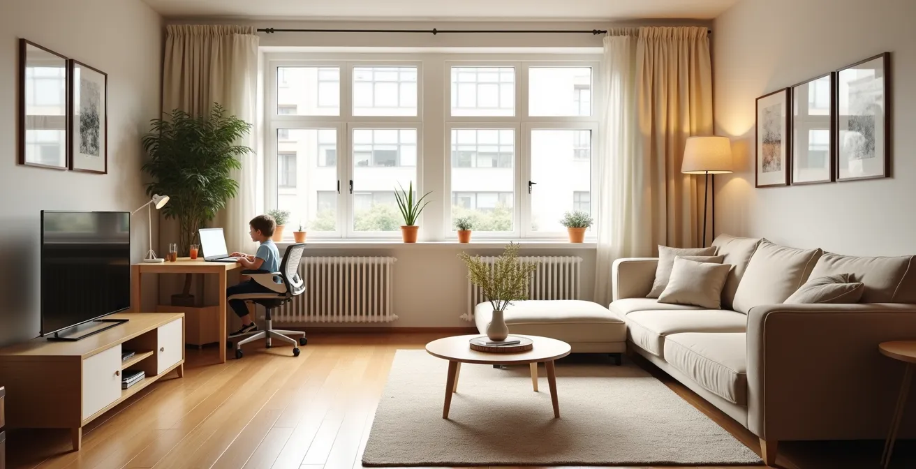 Digital eingerichtetes Wohnzimmer mit skandinavischem Design und warmer Atmosphäre in einer modernen deutschen Wohnung.